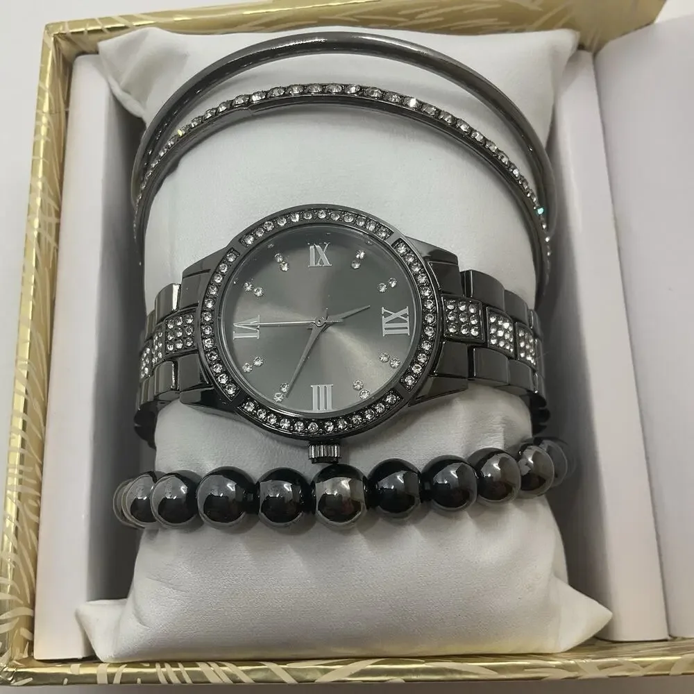Folio Women’s Silver Tone Quartz Wrist Watch & 3 Bracelet Boxed Gift Set NEW